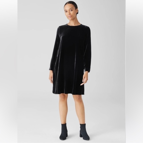 EILEEN FISHER CREW NECK VELVET DRESS KNEE-LENGTH SILK BLACK XXS $348 NEW - Picture 1 of 14
